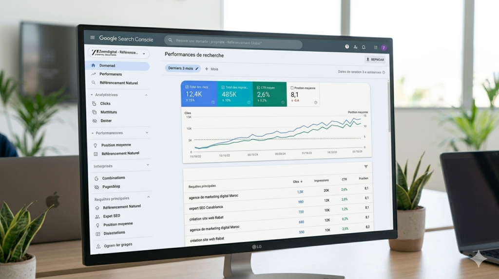 Écran d'ordinateur affichant un tableau de bord Google Search Console avec des statistiques de clics et d'impressions en hausse pour une stratégie de référencement naturel (SEO) au Maroc.
