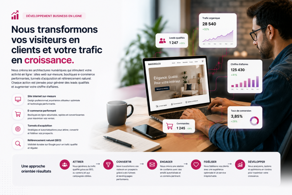 Développement business en ligne : création de sites web, e-commerce, SEO et génération de leads pour développer le chiffre d'affaires.